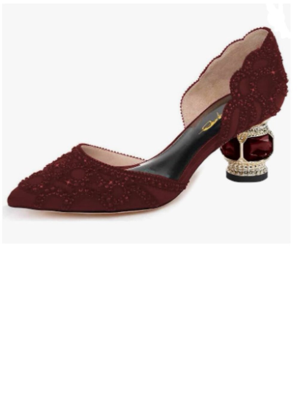 XYD Burgundy Pump Pointed Toe, D'Orsay Crystal Chunky Low Heel Rhinestone Shoes